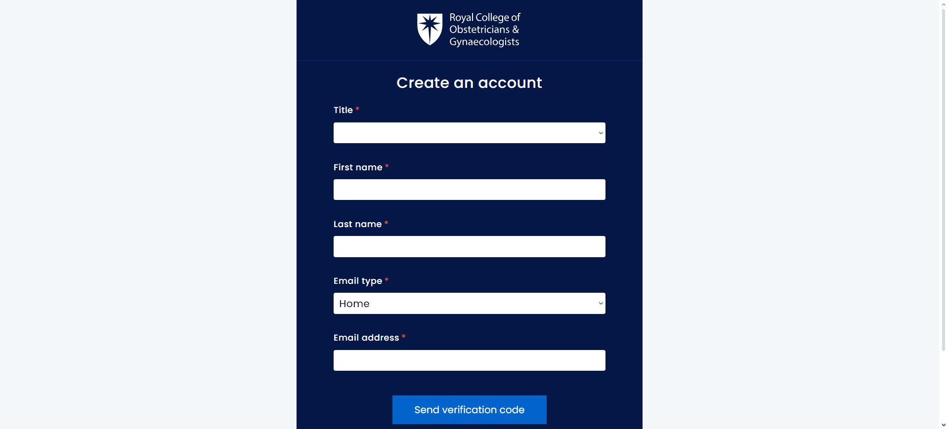 Screenshot of RCOG account registration screen for MRCOG Part 1 applicants