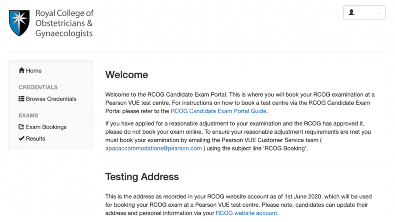 RCOG Candidate Exam Portal screenshot